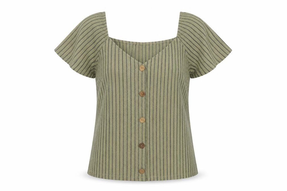 Front view of Dunnes Women Green M Striped Button Front Flutter Sleeve Blouse