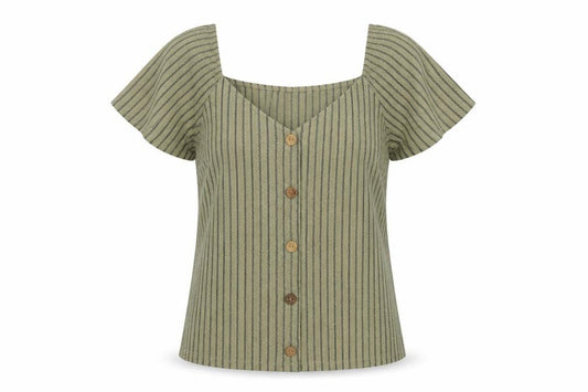 Front view of Dunnes Women Green M Striped Button Front Flutter Sleeve Blouse