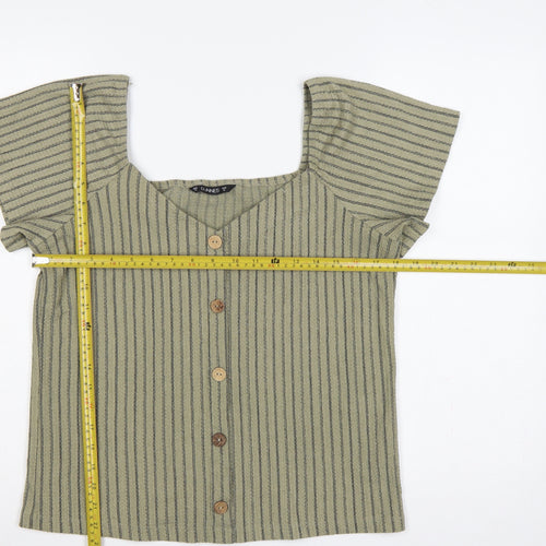 Dunnes Women Green M Striped Button Front Flutter Sleeve Blouse