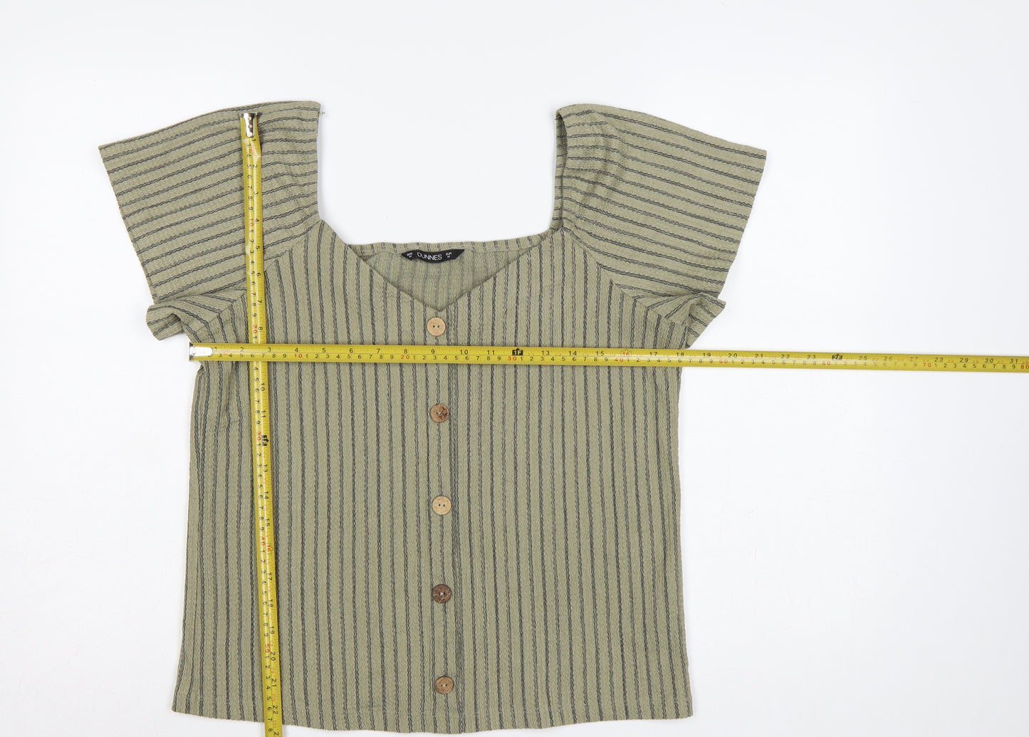 Dunnes Women Green M Striped Button Front Flutter Sleeve Blouse