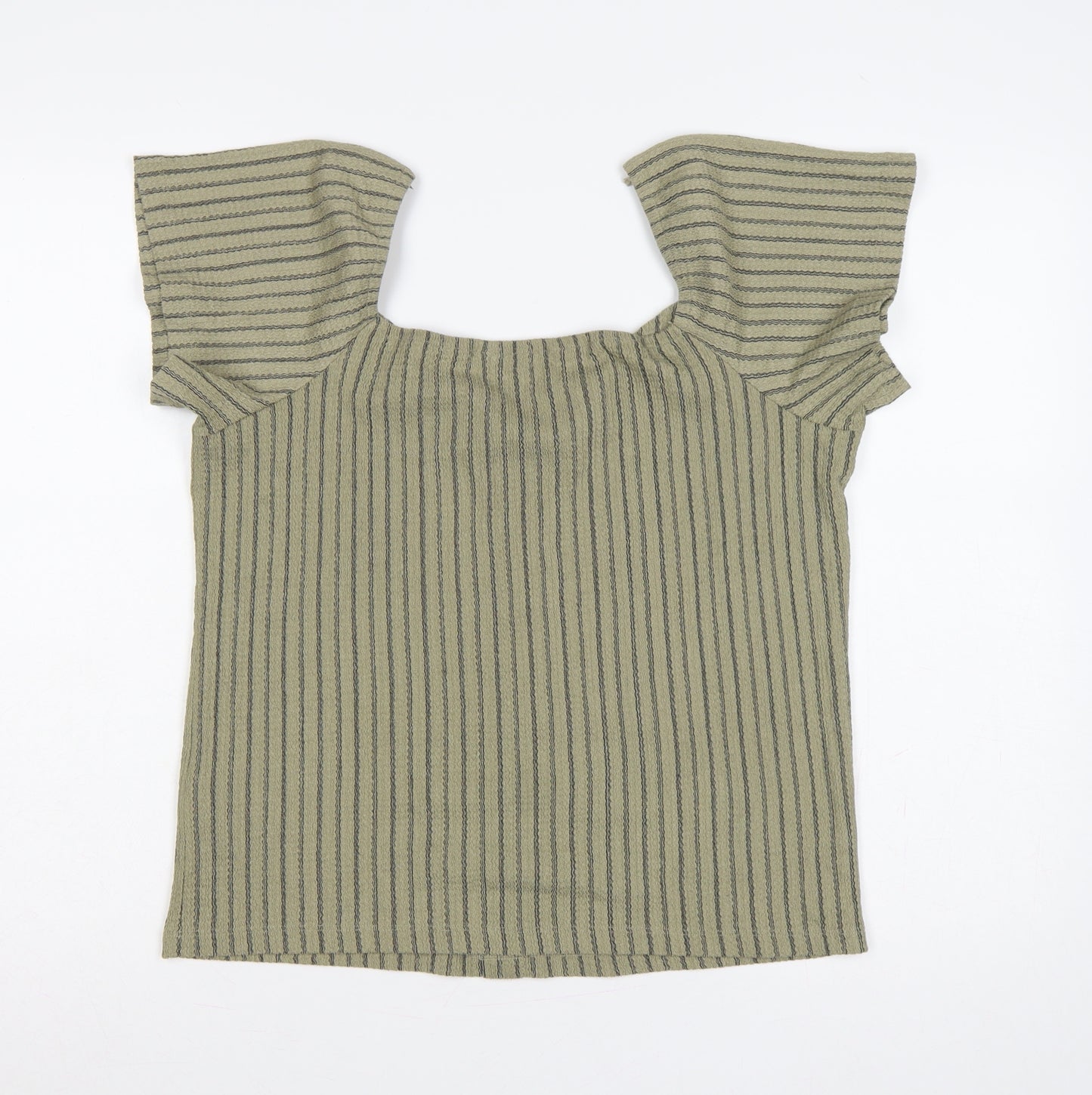 Dunnes Women Green M Striped Button Front Flutter Sleeve Blouse