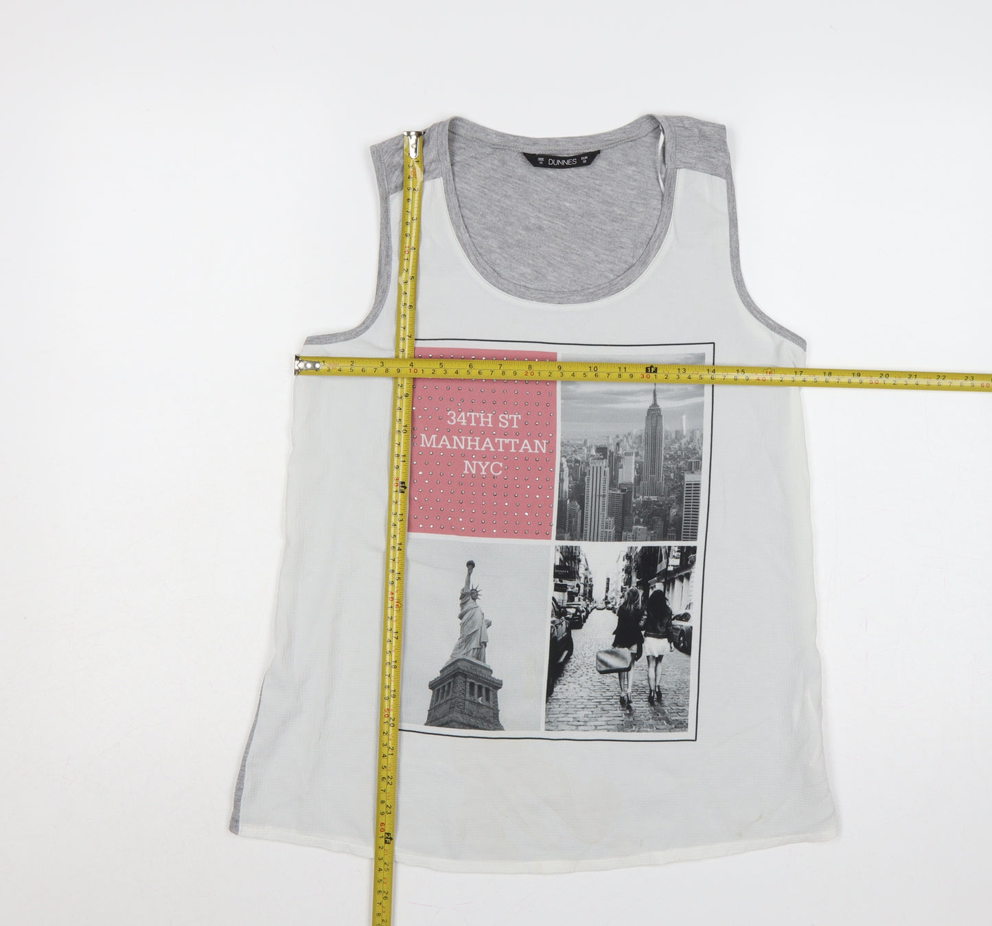 Dunnes Women White Grey NYC Rhinestone Basic Tank Top UK 10