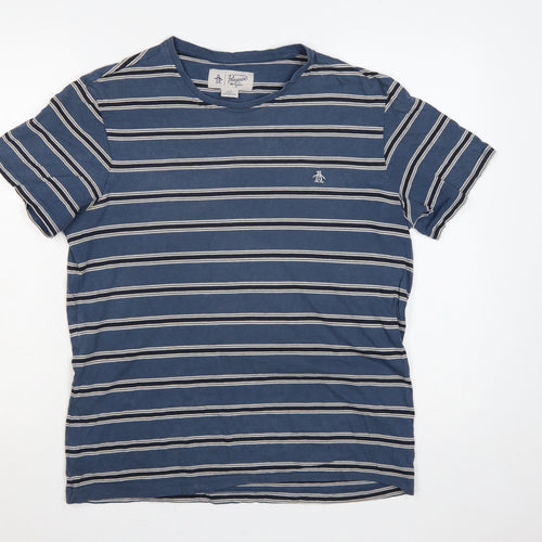 Original Penguin Men's Blue Striped Logo Crew Neck T-Shirt L