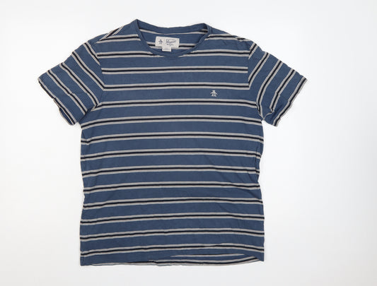 Original Penguin Men's Blue Striped Logo Crew Neck T-Shirt L