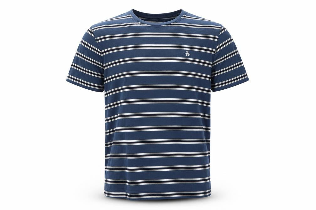 Original Penguin Men's Blue Striped Logo Crew Neck T-Shirt L
