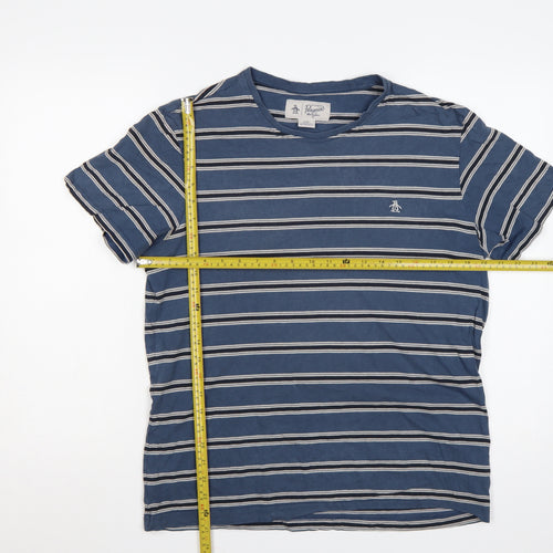 Original Penguin Men's Blue Striped Logo Crew Neck T-Shirt L