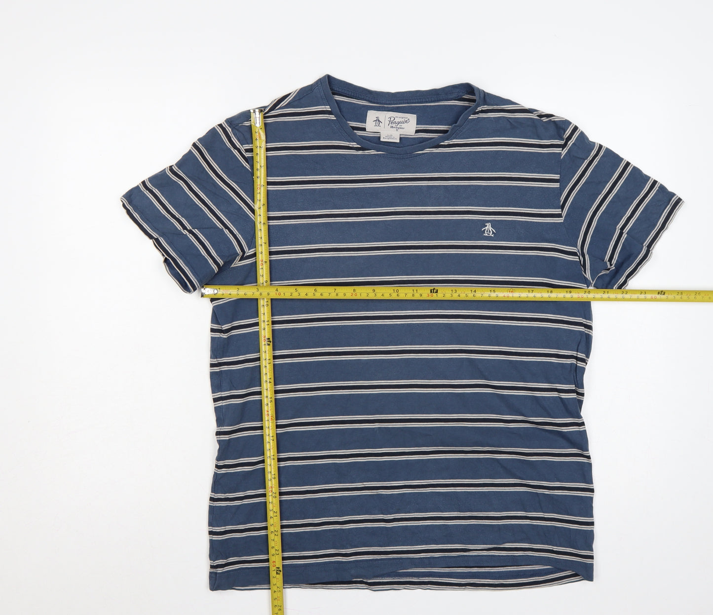 Original Penguin Men's Blue Striped Logo Crew Neck T-Shirt L