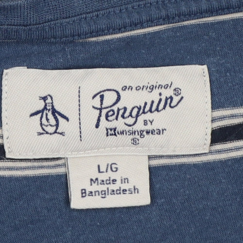 Original Penguin Men's Blue Striped Logo Crew Neck T-Shirt L