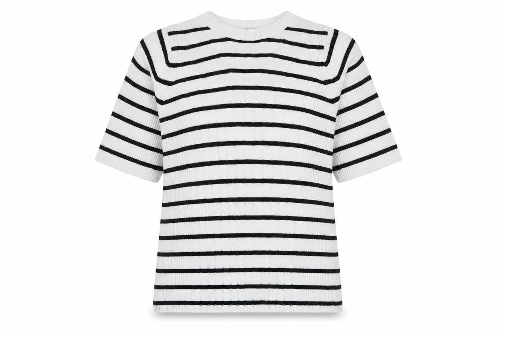 Front view of Marks & Spencer Women White Black Stripe Ribbed Jumper, size S