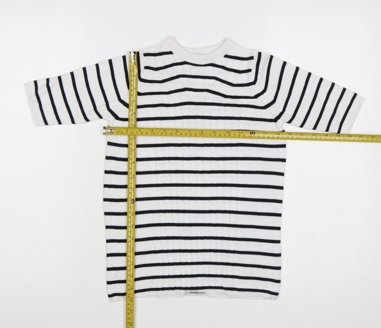 Marks and Spencer Women White Black Stripe Ribbed Jumper Size S