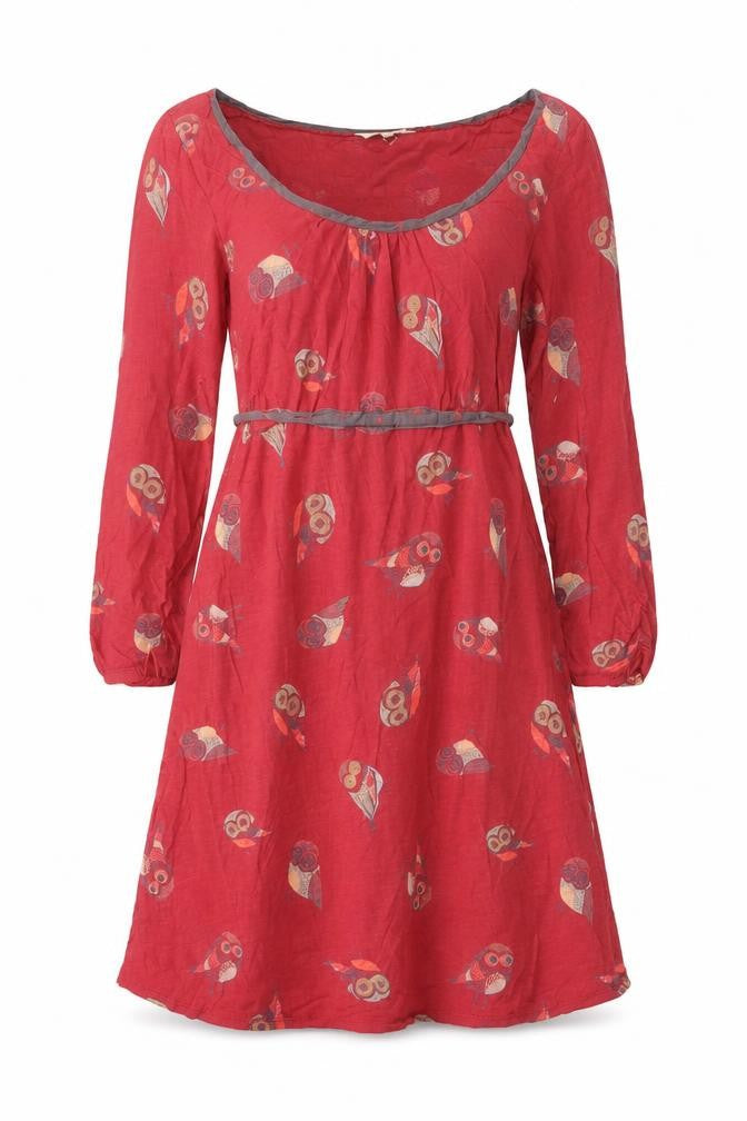 Little Stuff Women Red Owl Print Fit & Flare Dress UK 10 Cotton