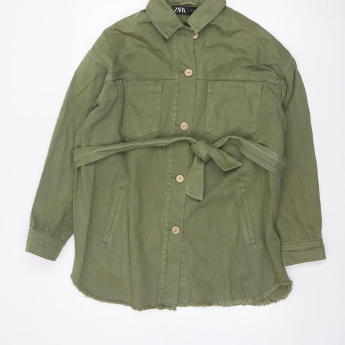 Zara Women Green S Military Belted Cotton Twill Jacket