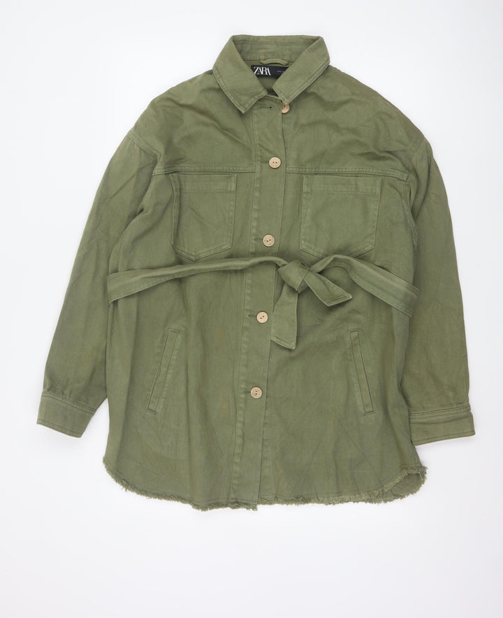 Zara Women Green S Military Belted Cotton Twill Jacket