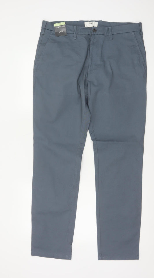Marks and Spencer Men Grey 34/31 Slim Fit Stretch Chino Trousers
