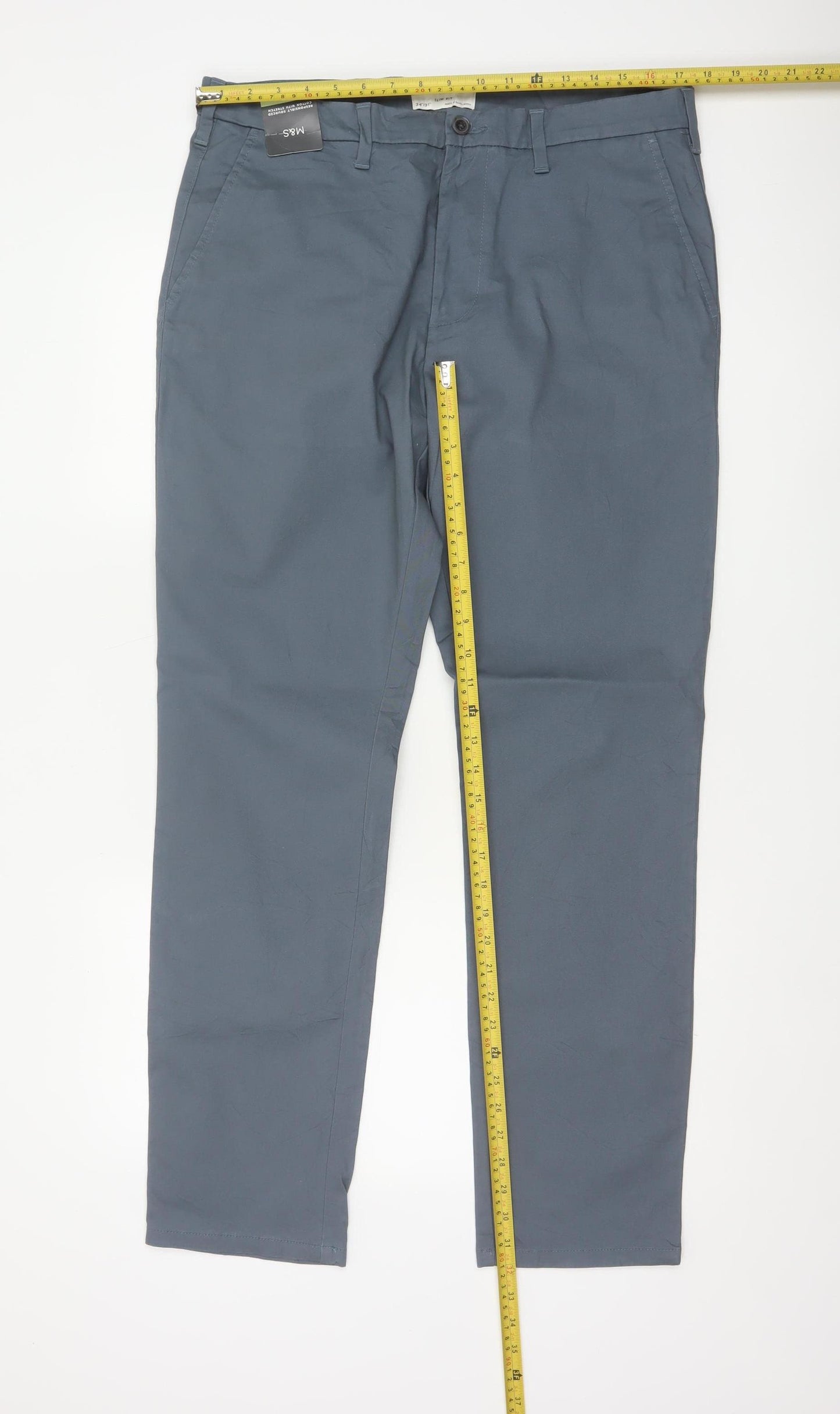 Marks and Spencer Men Grey 34/31 Slim Fit Stretch Chino Trousers