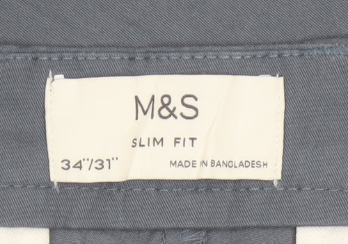 Marks and Spencer Men Grey 34/31 Slim Fit Stretch Chino Trousers