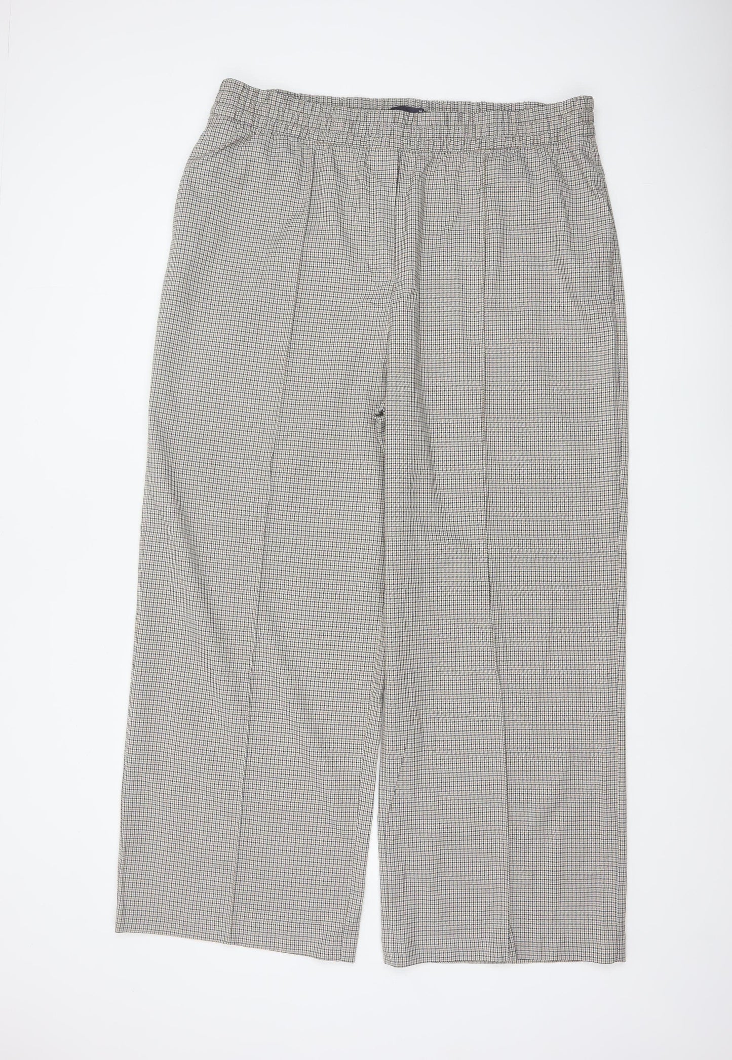 M&S Women's Beige Check Wide-Leg Trousers UK 20 Regular Elasticated