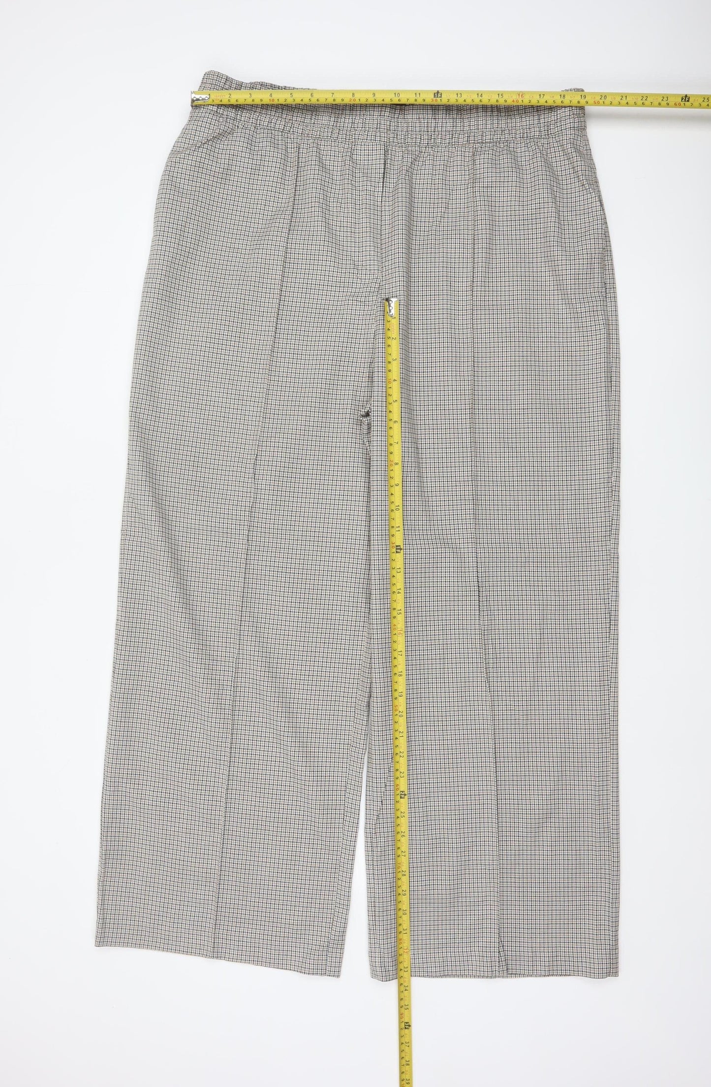 M&S Women's Beige Check Wide-Leg Trousers UK 20 Regular Elasticated