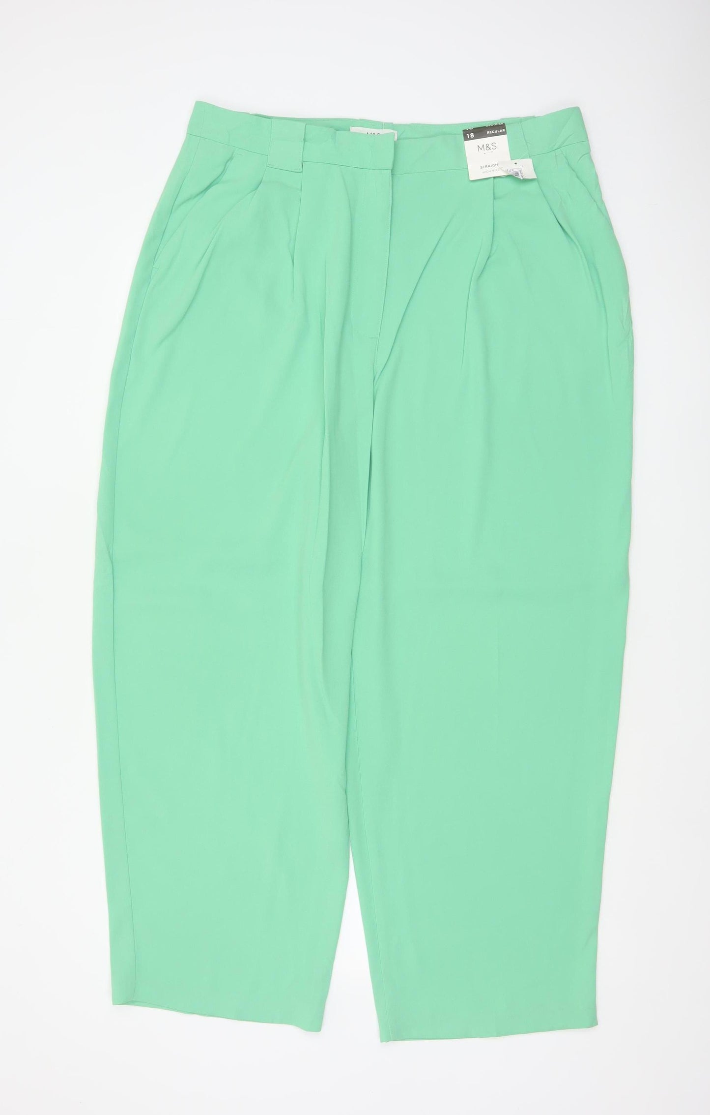 M&S Women Green Size 18 Regular Pleated Tapered Dress Trousers