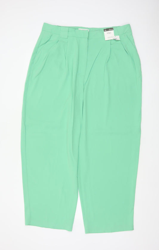 M&S Women Green Size 18 Regular Pleated Tapered Dress Trousers