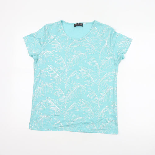 Anna Rose Women Blue M Tropical Leaf Jersey T-Shirt Scoop Neck