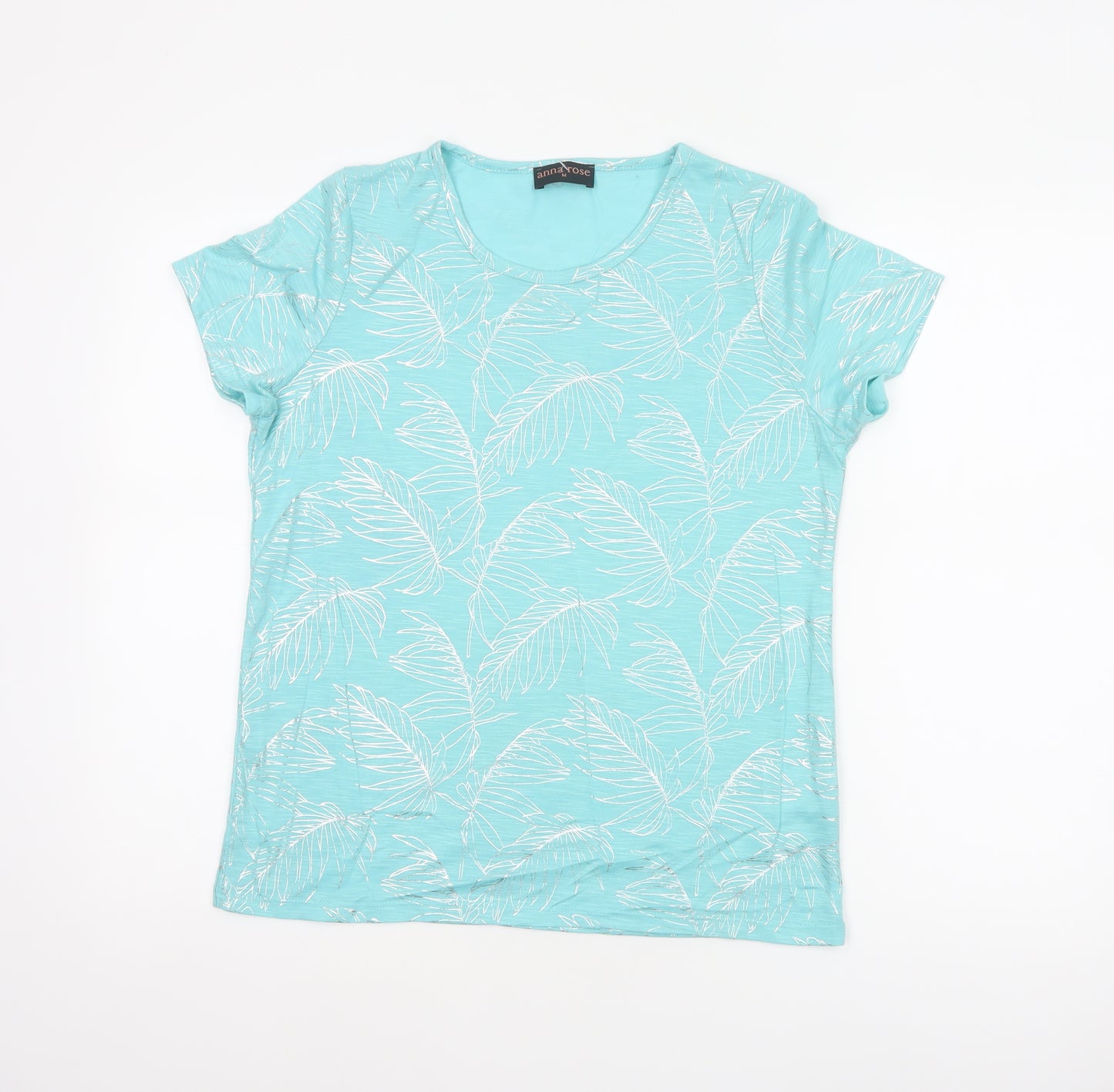 Anna Rose Women Blue M Tropical Leaf Jersey T-Shirt Scoop Neck