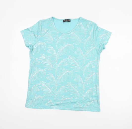 Anna Rose Women Blue M Tropical Leaf Jersey T-Shirt Scoop Neck