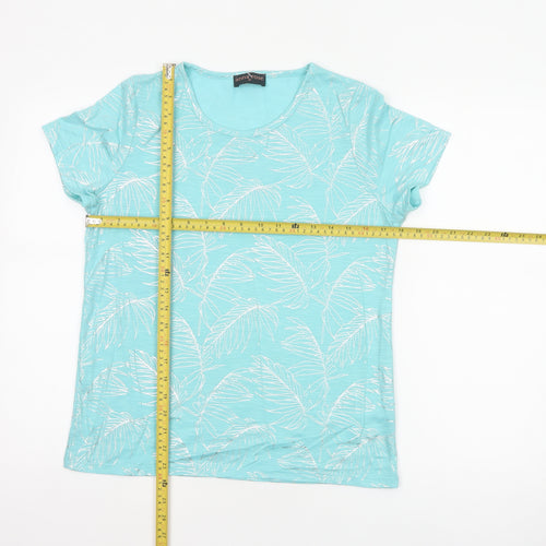 Anna Rose Women Blue M Tropical Leaf Jersey T-Shirt Scoop Neck