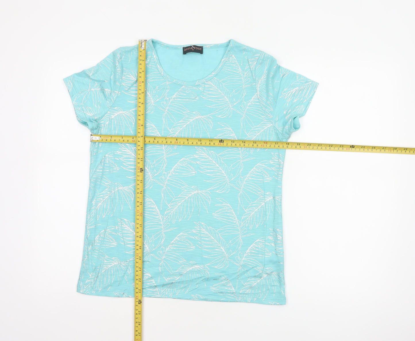 Anna Rose Women Blue M Tropical Leaf Jersey T-Shirt Scoop Neck