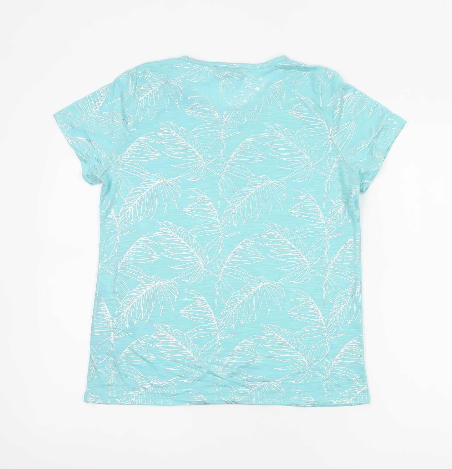 Anna Rose Women Blue M Tropical Leaf Jersey T-Shirt Scoop Neck