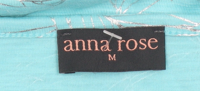 Anna Rose Women Blue M Tropical Leaf Jersey T-Shirt Scoop Neck