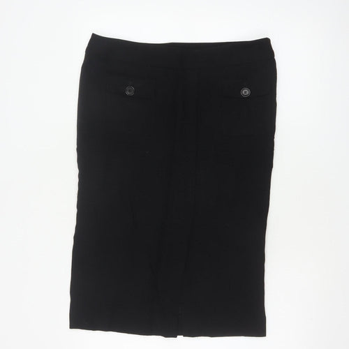 Jaeger Women Black UK 14 Wool Blend Knee Length Pencil Skirt Buttons