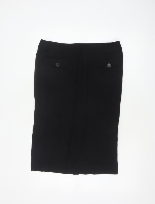Jaeger Women Black UK 14 Wool Blend Knee Length Pencil Skirt Buttons