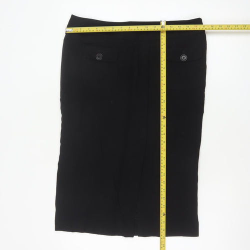 Jaeger Women Black UK 14 Wool Blend Knee Length Pencil Skirt Buttons