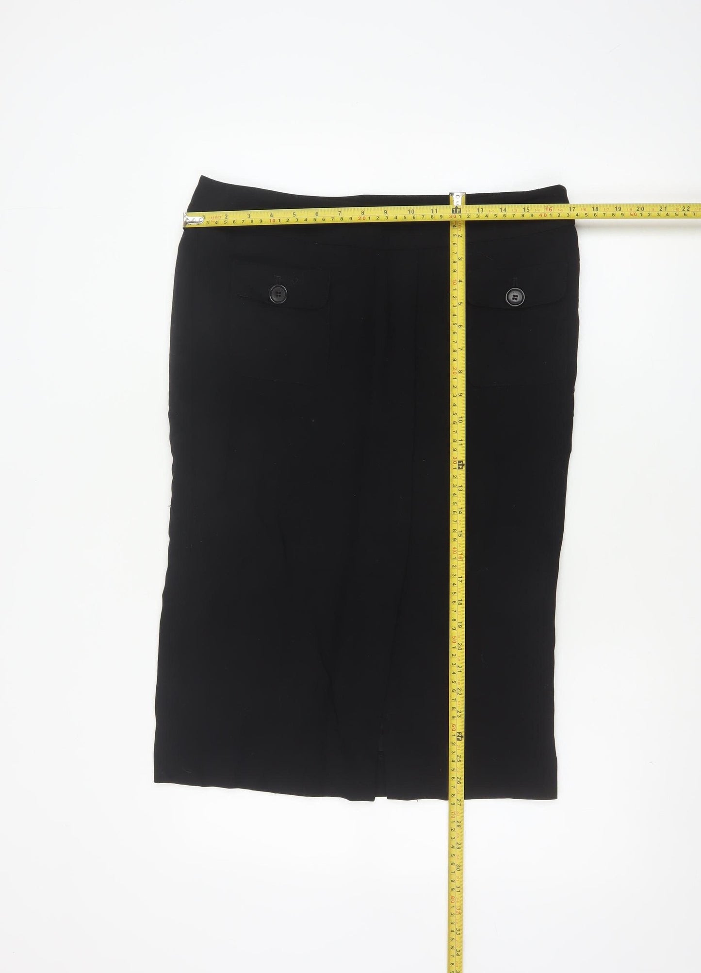 Jaeger Women Black UK 14 Wool Blend Knee Length Pencil Skirt Buttons