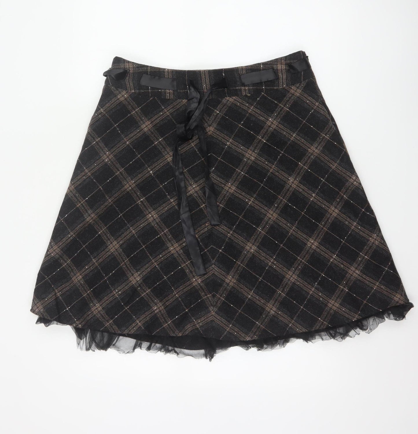 Vila Clothes Women’s Black Plaid Wool Blend Flare Skirt Size L