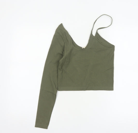 STR Women’s Green L Cropped Asymmetric Ribbed Long Sleeve Top