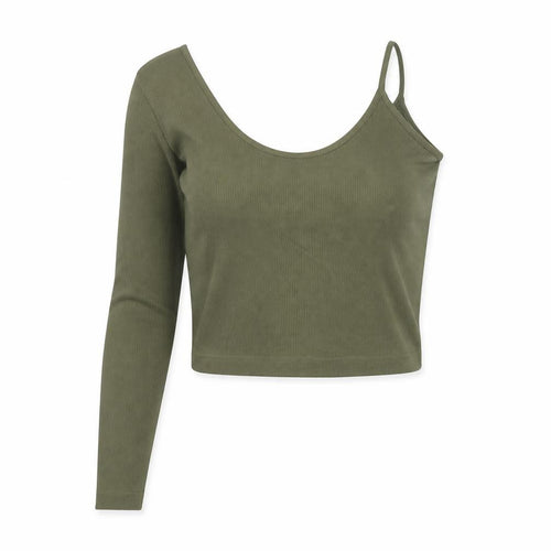 STR Women’s Green L Cropped Asymmetric Ribbed Long Sleeve Top