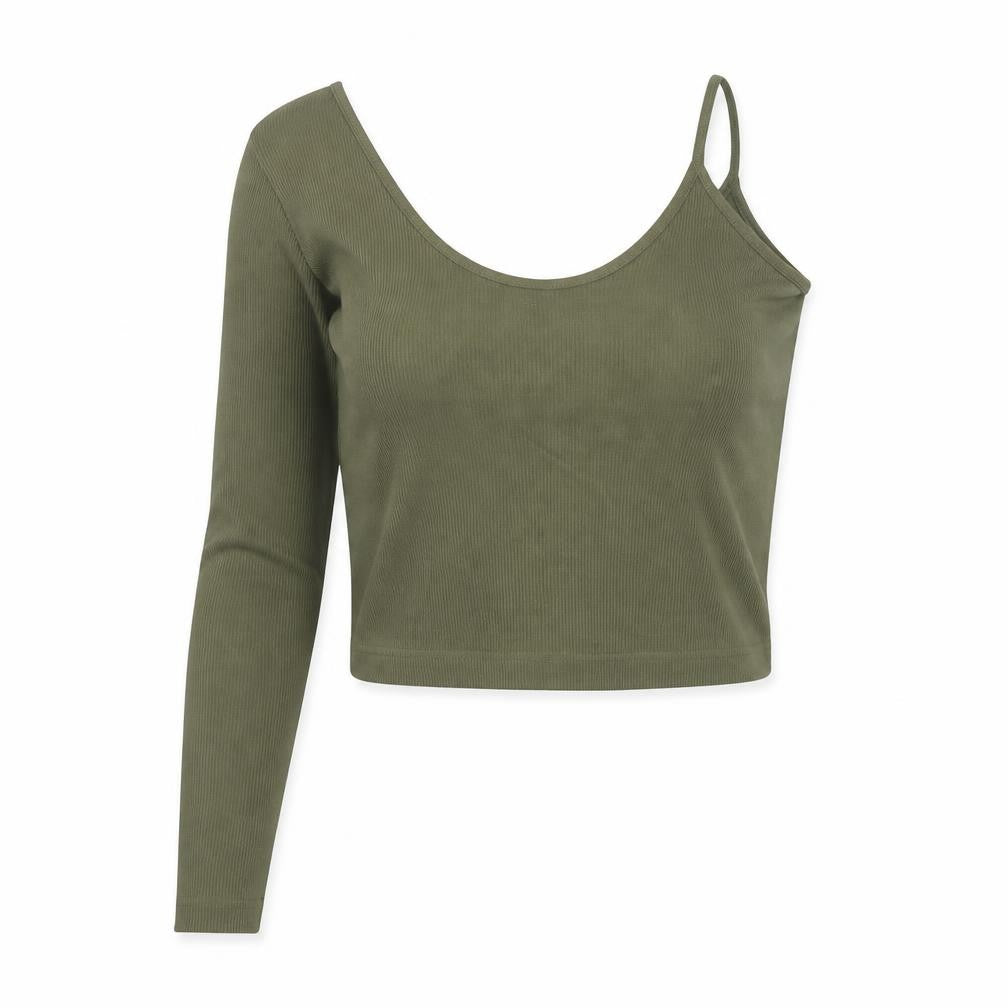 STR Women’s Green L Cropped Asymmetric Ribbed Long Sleeve Top