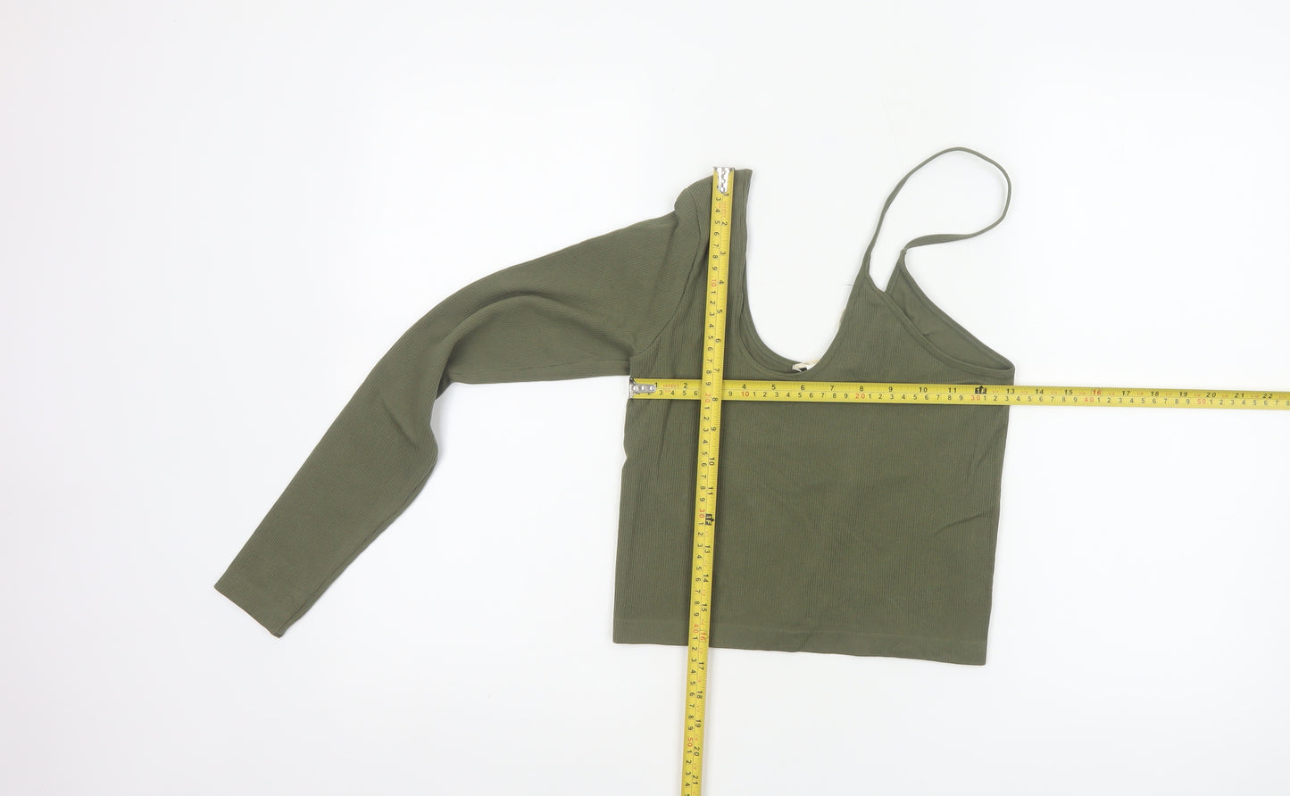 STR Women’s Green L Cropped Asymmetric Ribbed Long Sleeve Top