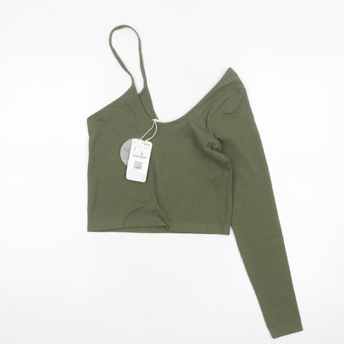STR Women’s Green L Cropped Asymmetric Ribbed Long Sleeve Top