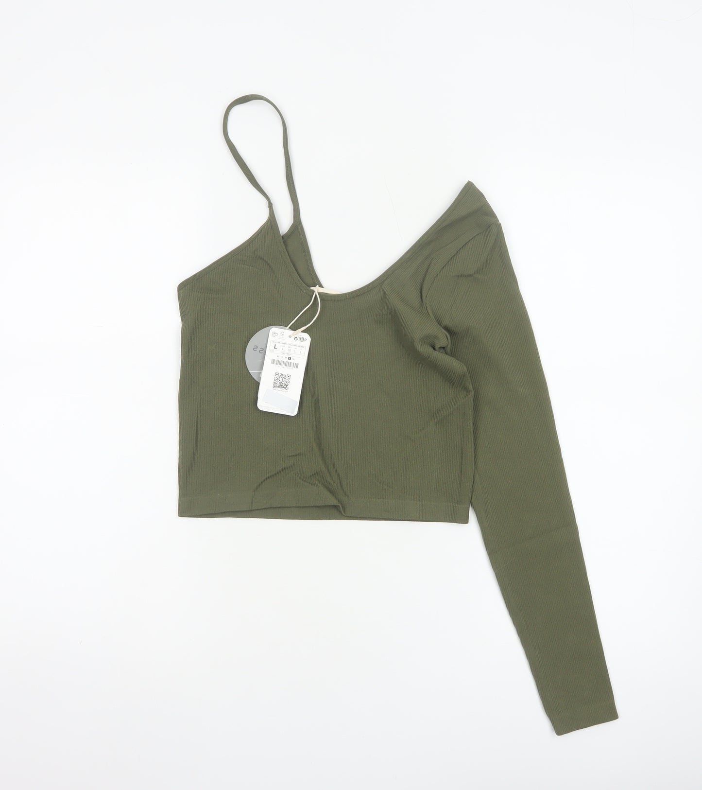 STR Women’s Green L Cropped Asymmetric Ribbed Long Sleeve Top