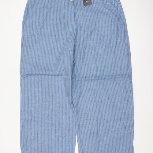 M&S Women’s Blue Striped Wide Leg High Rise Linen Trousers UK 22 Short