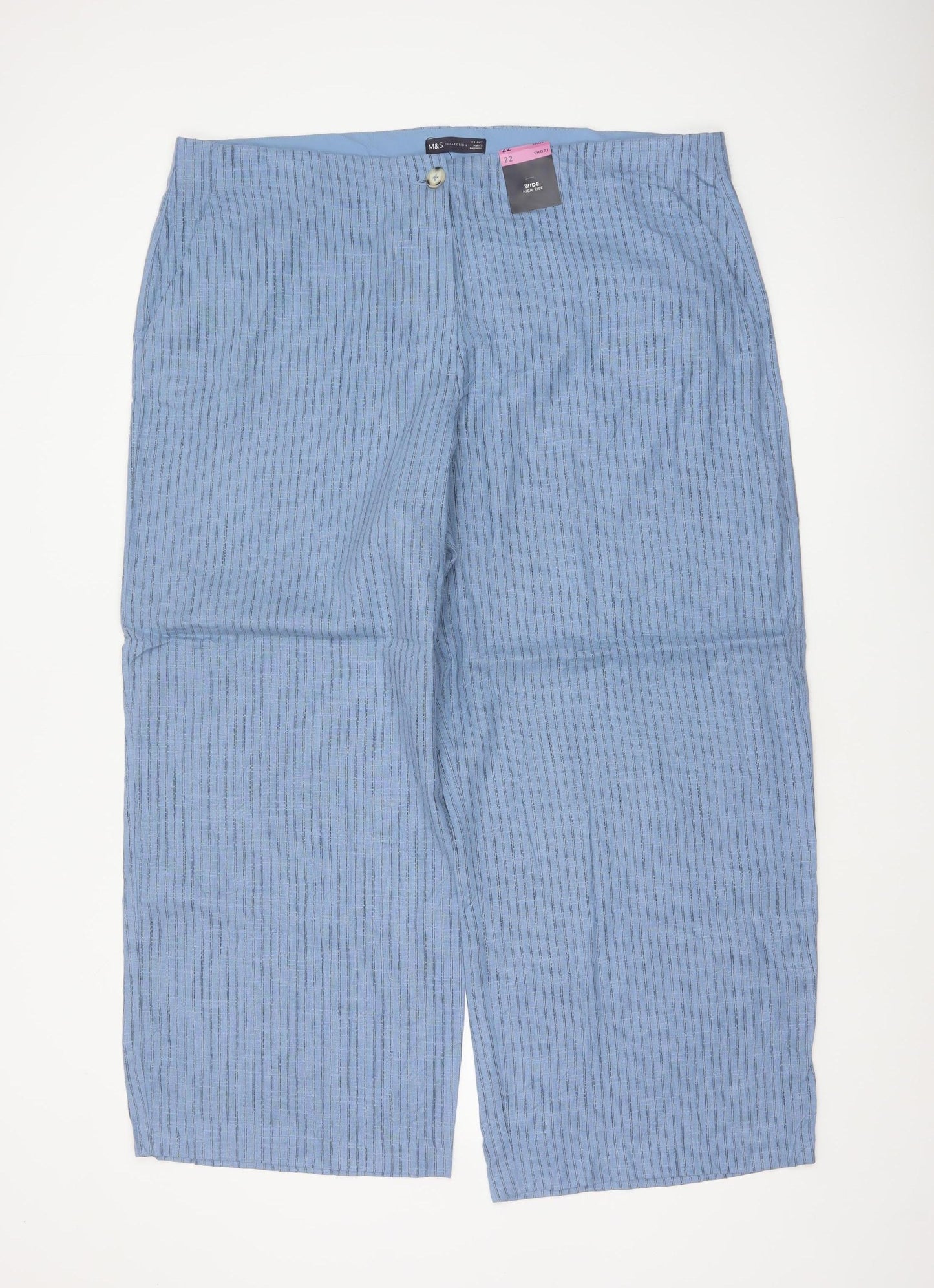 M&S Women’s Blue Striped Wide Leg High Rise Linen Trousers UK 22 Short