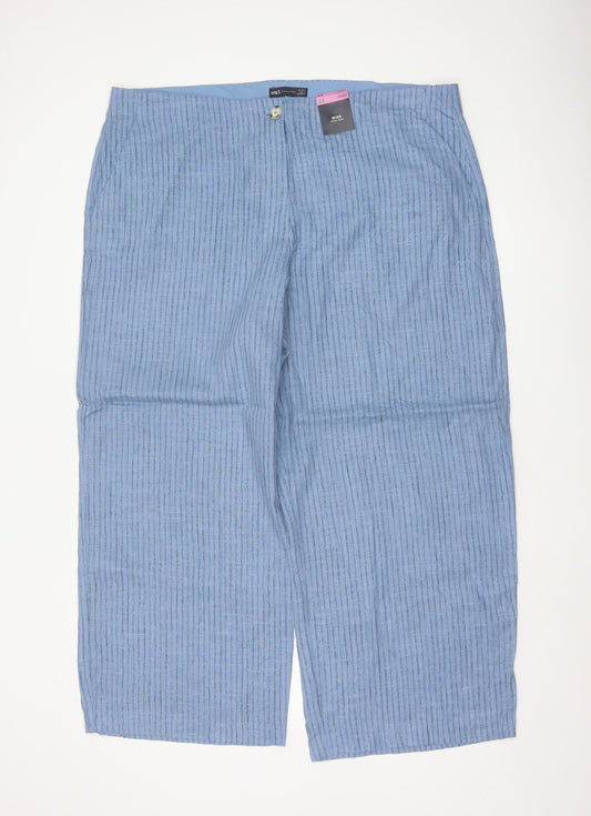 M&S Women’s Blue Striped Wide Leg High Rise Linen Trousers UK 22 Short