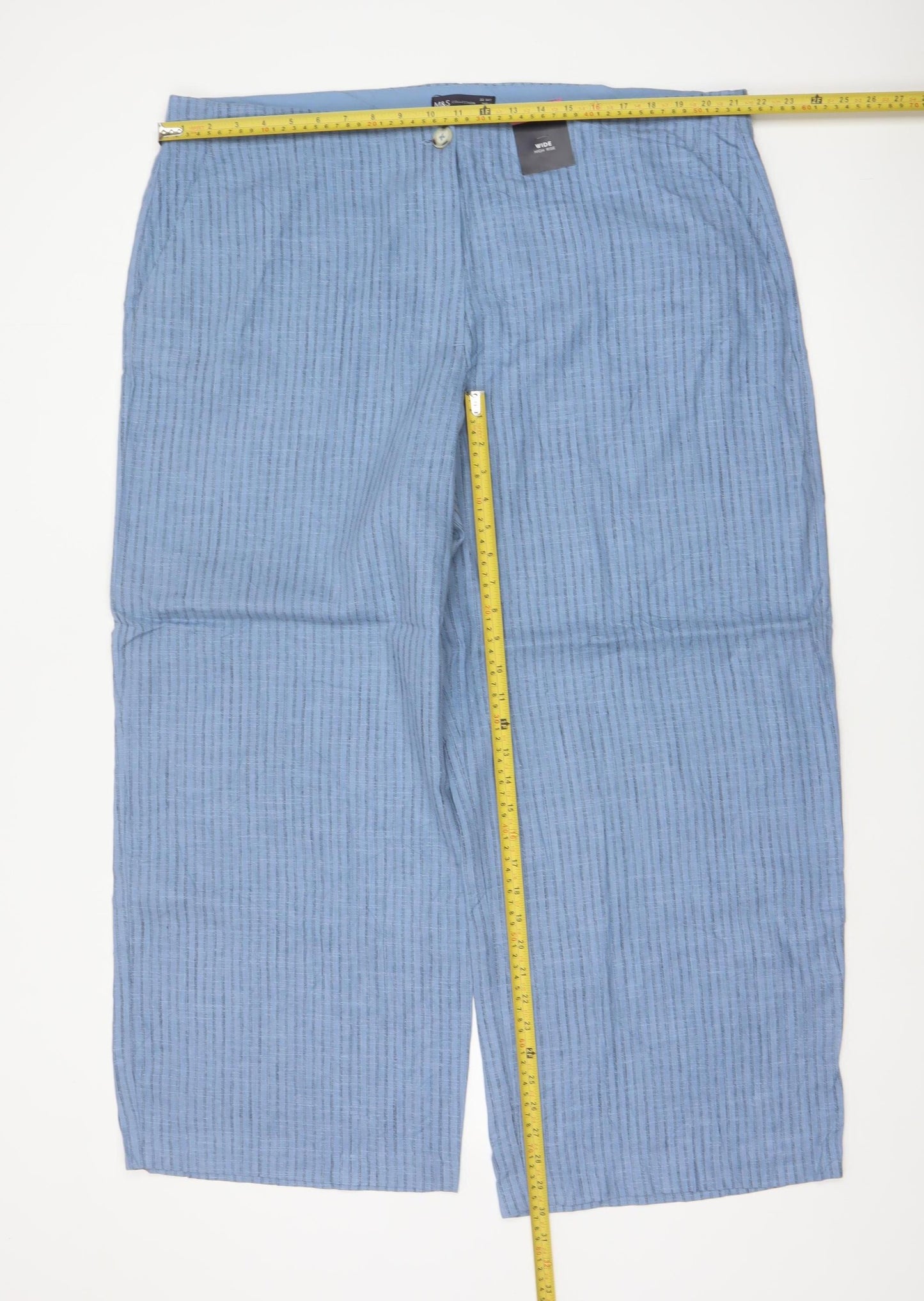 M&S Women’s Blue Striped Wide Leg High Rise Linen Trousers UK 22 Short