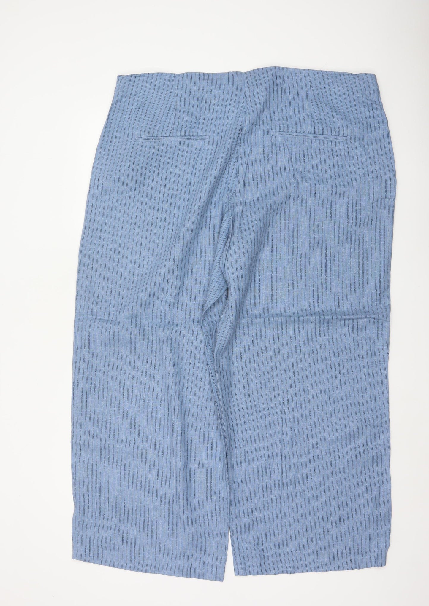 M&S Women’s Blue Striped Wide Leg High Rise Linen Trousers UK 22 Short