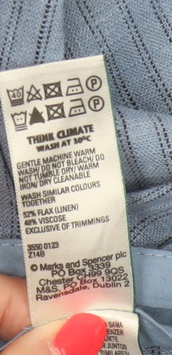 M&S Women’s Blue Striped Wide Leg High Rise Linen Trousers UK 22 Short