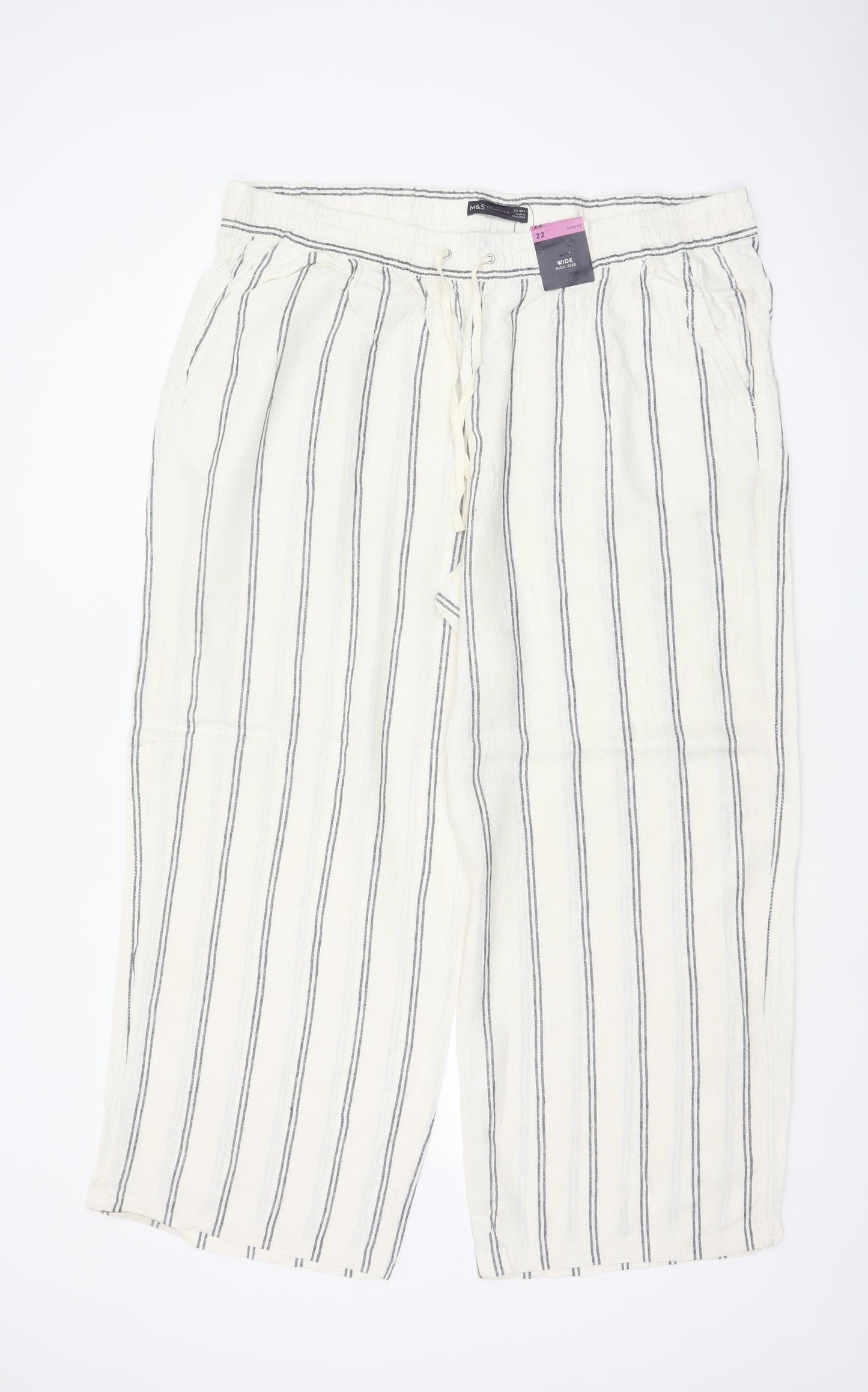 Marks & Spencer Women’s Ivory Stripe Wide Leg Trousers UK 22 Short