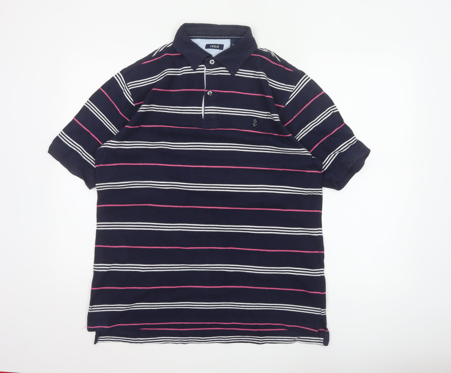 IZOD Men's Navy Pink White Striped Cotton Polo Shirt Size S Short Sleeve